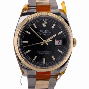 Estate Rolex Stainless Steel and 18 Karat Yellow Gold Gents Oyster Perpetual Date Just Black Index Dial Oyster Bracelet 116233 C.2010