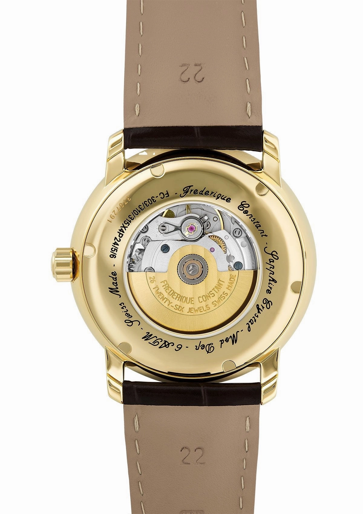 Frederique Constant Classics Automatic Gold Plated Stainless Steel Silver Dial Date Brown Leather Strap Mens Watch FC-303MC4P5