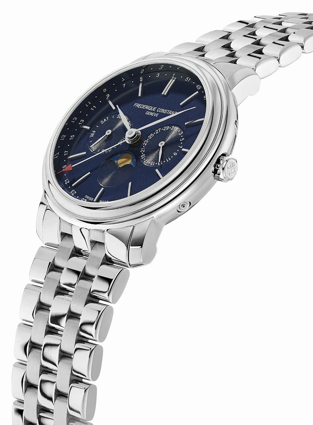 Frederique Constant Classics Index Business Timer Stainless Steel Blue Dial Day/Date/Week Moonphase Quartz Mens Watch FC-270N4P6B