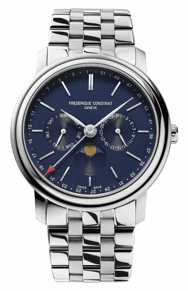 Frederique Constant Classics Index Business Timer Stainless Steel Blue Dial Day/Date/Week Moonphase Quartz Mens Watch FC-270N4P6B