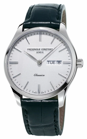 Frederique Constant Classics Stainless Steel Silver Dial Black Leather Strap Day/Date Quartz Mens Watch FC-225ST5B6