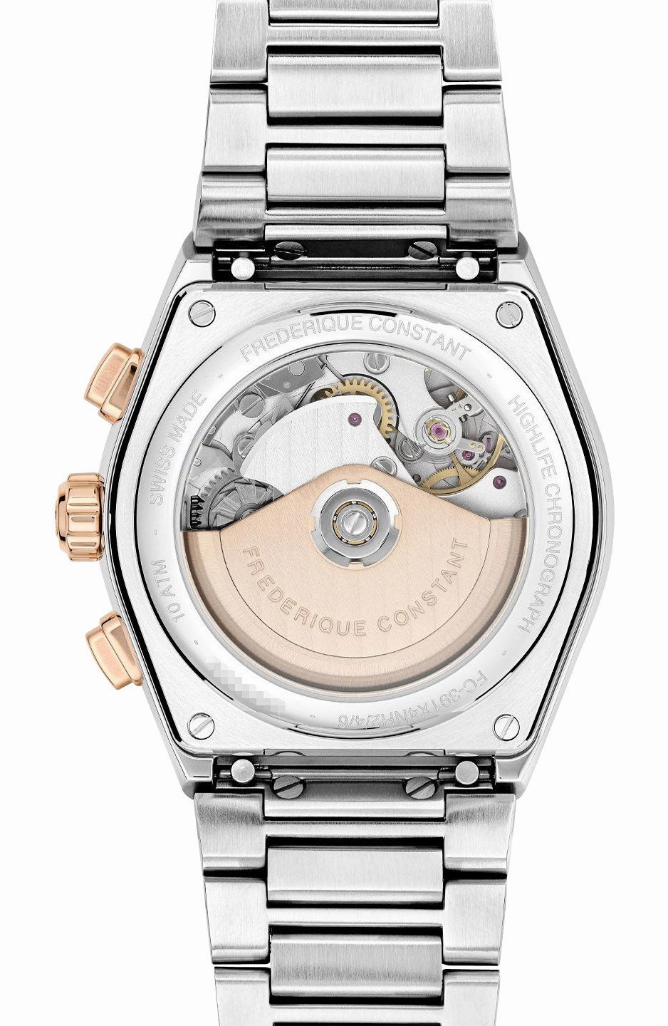 Frederique Constant Highlife Automatic Chronograph Two-Tone Stainless Steel Silver Dial Interchangeable Brown Rubber Strap Date Mens Watch FC-391V4NH2B