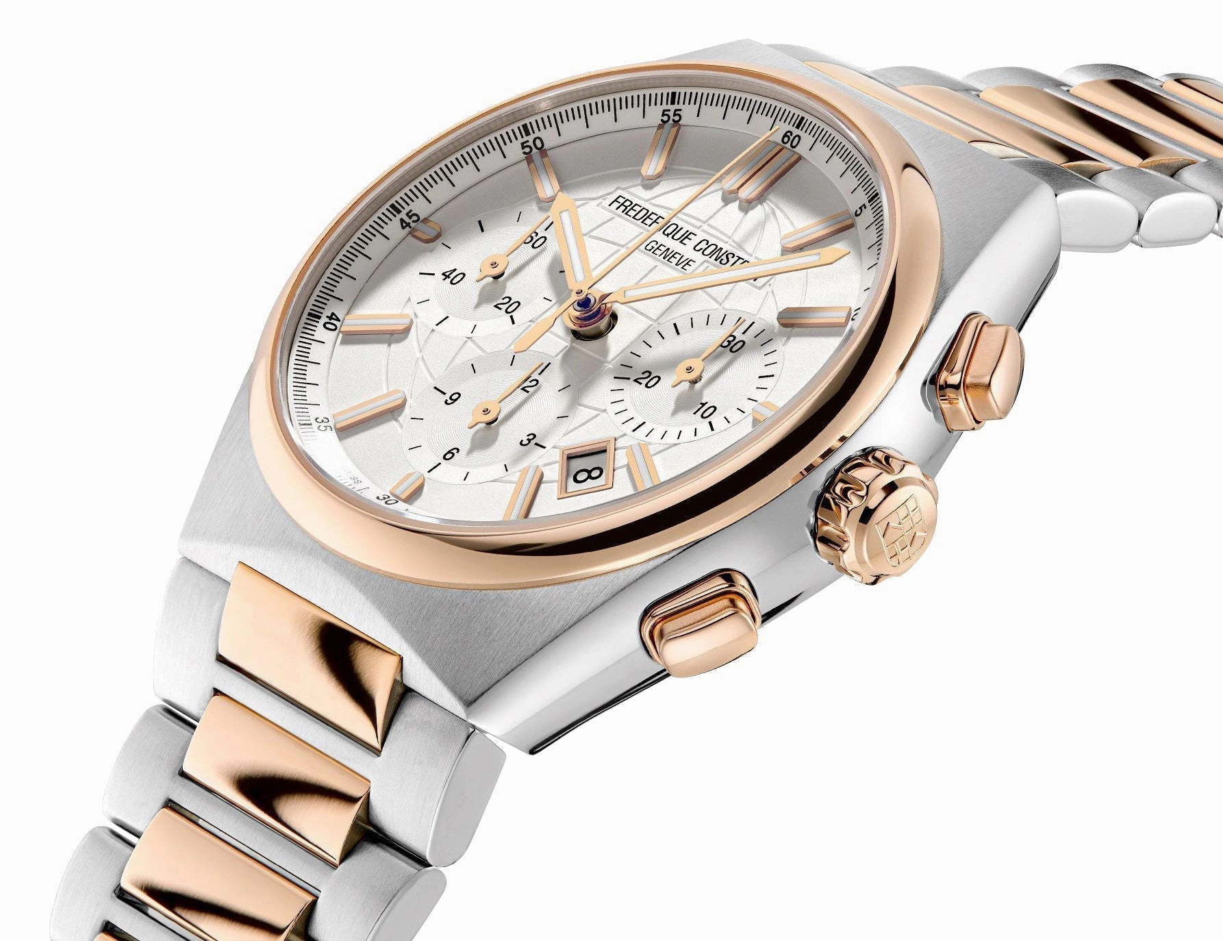 Frederique Constant Highlife Automatic Chronograph Two-Tone Stainless Steel Silver Dial Interchangeable Brown Rubber Strap Date Mens Watch FC-391V4NH2B