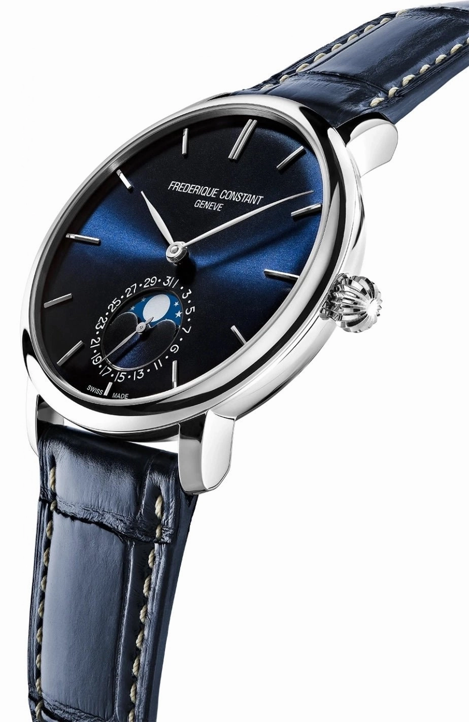 Frederique Constant Manufacture Slimline Moonphase Automatic Stainless Steel Blue Dial Blue Leather Strap Date Mens Watch FC-705N4S6