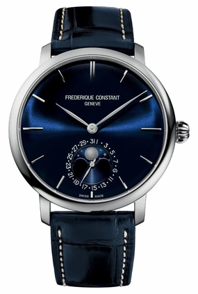 Frederique Constant Manufacture Slimline Moonphase Automatic Stainless Steel Blue Dial Blue Leather Strap Date Mens Watch FC-705N4S6