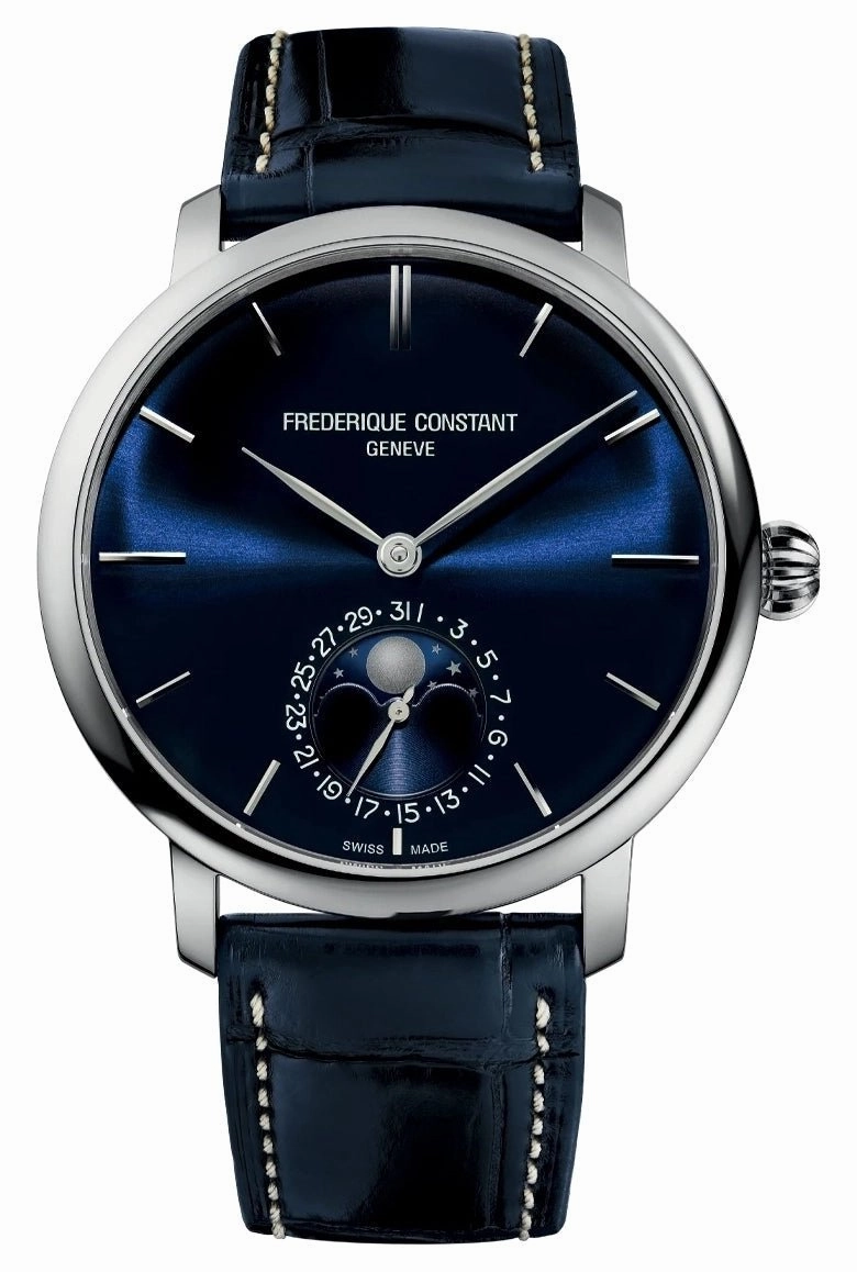 Frederique Constant Manufacture Slimline Moonphase Automatic Stainless Steel Blue Dial Blue Leather Strap Date Mens Watch FC-705N4S6