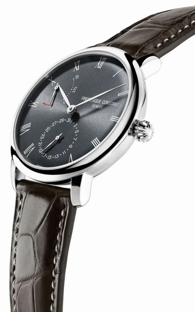 Frederique Constant Slimline Power Reserve Automatic Stainless Steel Gray Dial Gray Leather Strap Date Mens Watch FC-723GR3S6