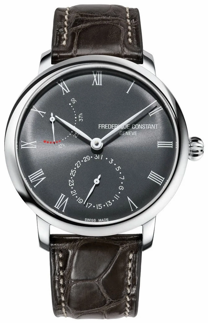 Frederique Constant Slimline Power Reserve Automatic Stainless Steel Gray Dial Gray Leather Strap Date Mens Watch FC-723GR3S6