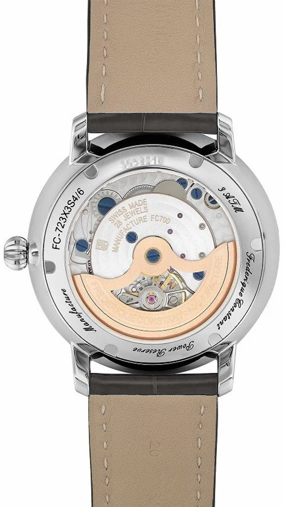 Frederique Constant Slimline Power Reserve Automatic Stainless Steel Gray Dial Gray Leather Strap Date Mens Watch FC-723GR3S6