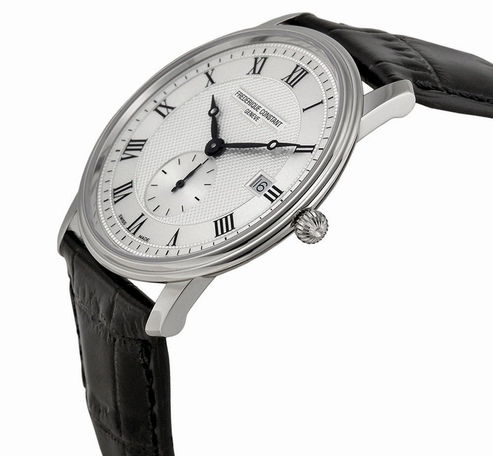 Frederique Constant Slimline Silver Dial Date Black Leather Strap Quartz Mens Watch FC-245M5S6