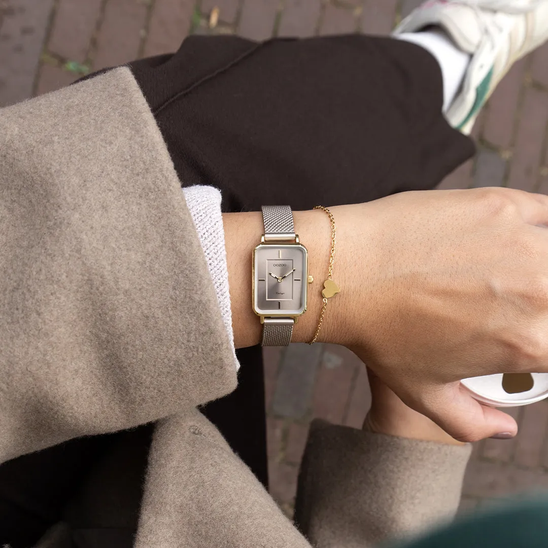 Gold coloured OOZOO watch with taupe metal mesh bracelet - C20384