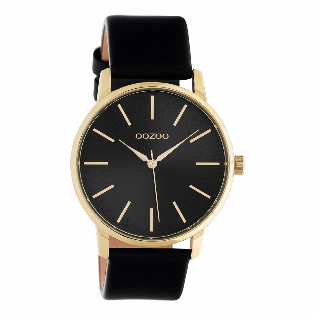 Gold coloured OOZOO watch with black leather strap - C10839