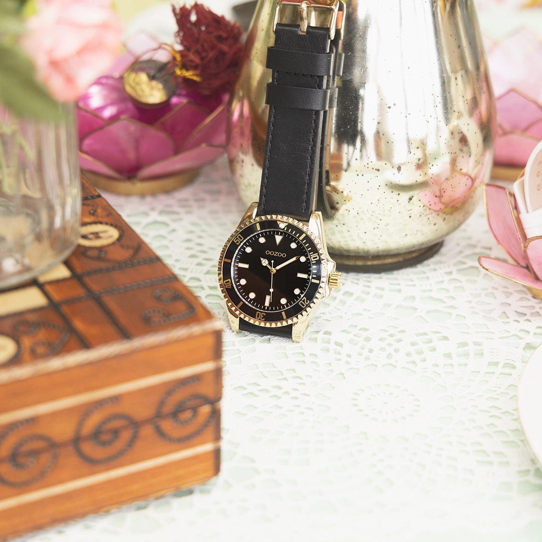 Gold coloured OOZOO watch with black leather strap - C11115