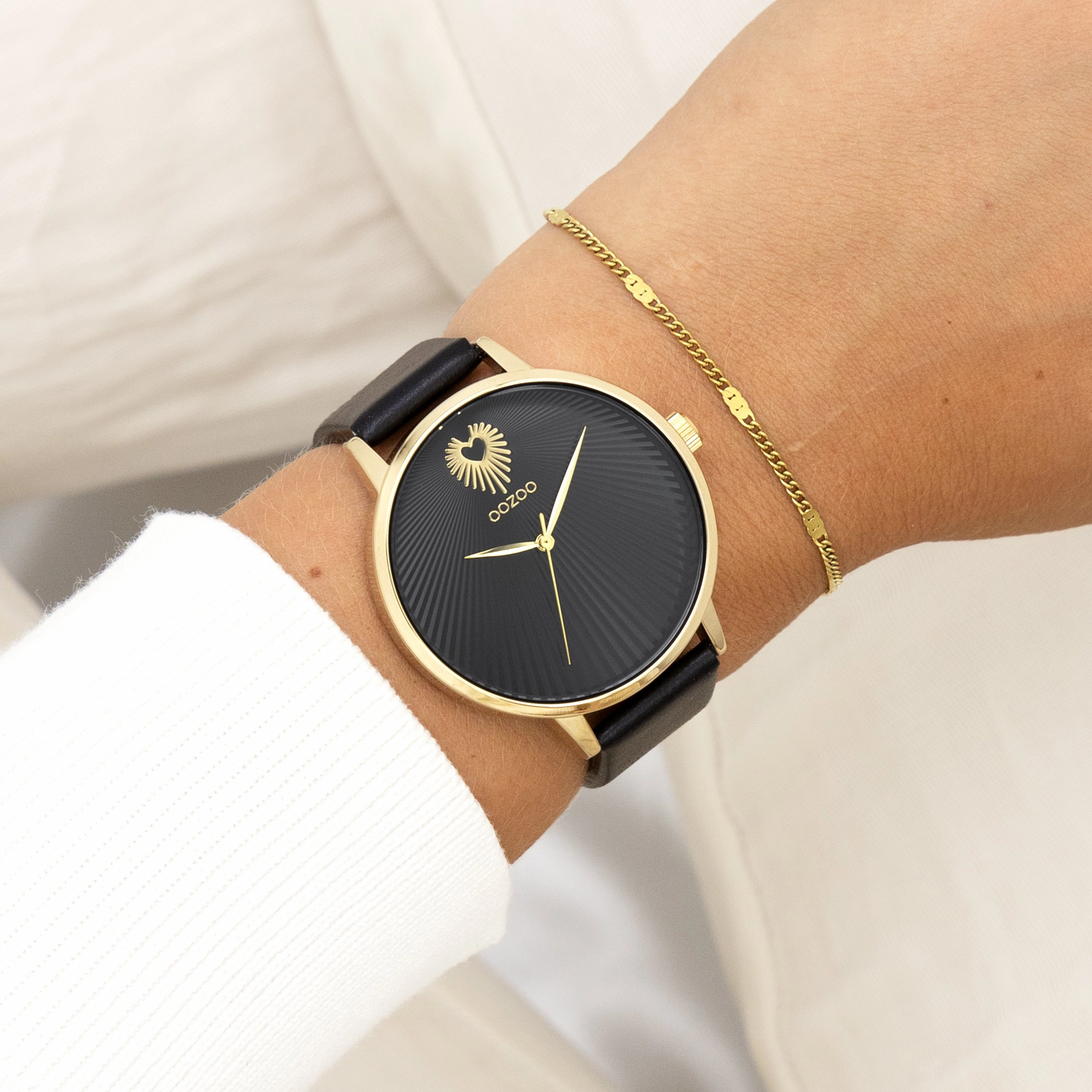 Gold coloured OOZOO watch with black leather strap - C11242