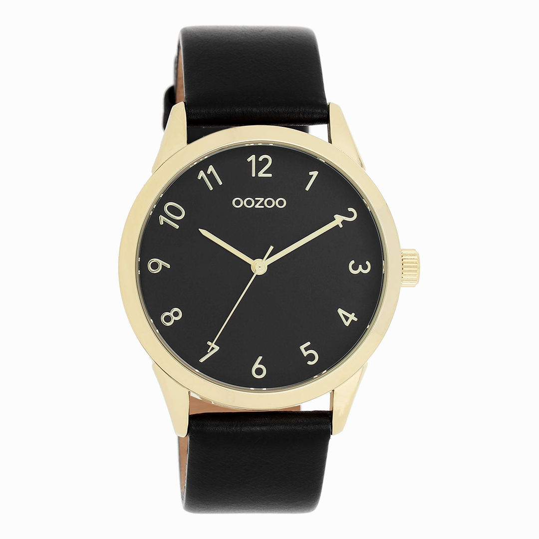 Gold coloured OOZOO watch with black leather strap - C11329