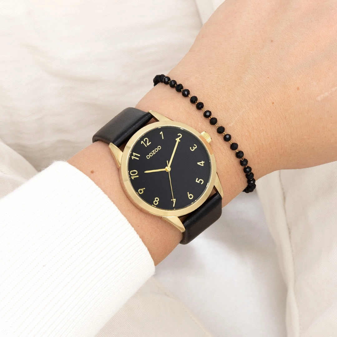 Gold coloured OOZOO watch with black leather strap - C11329