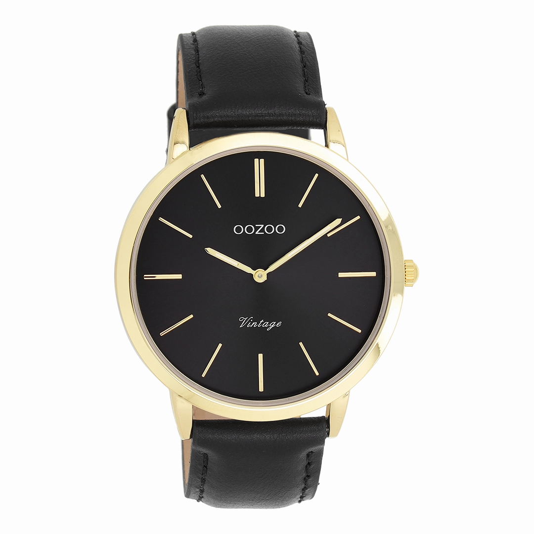 Gold coloured OOZOO watch with black leather strap - C20389