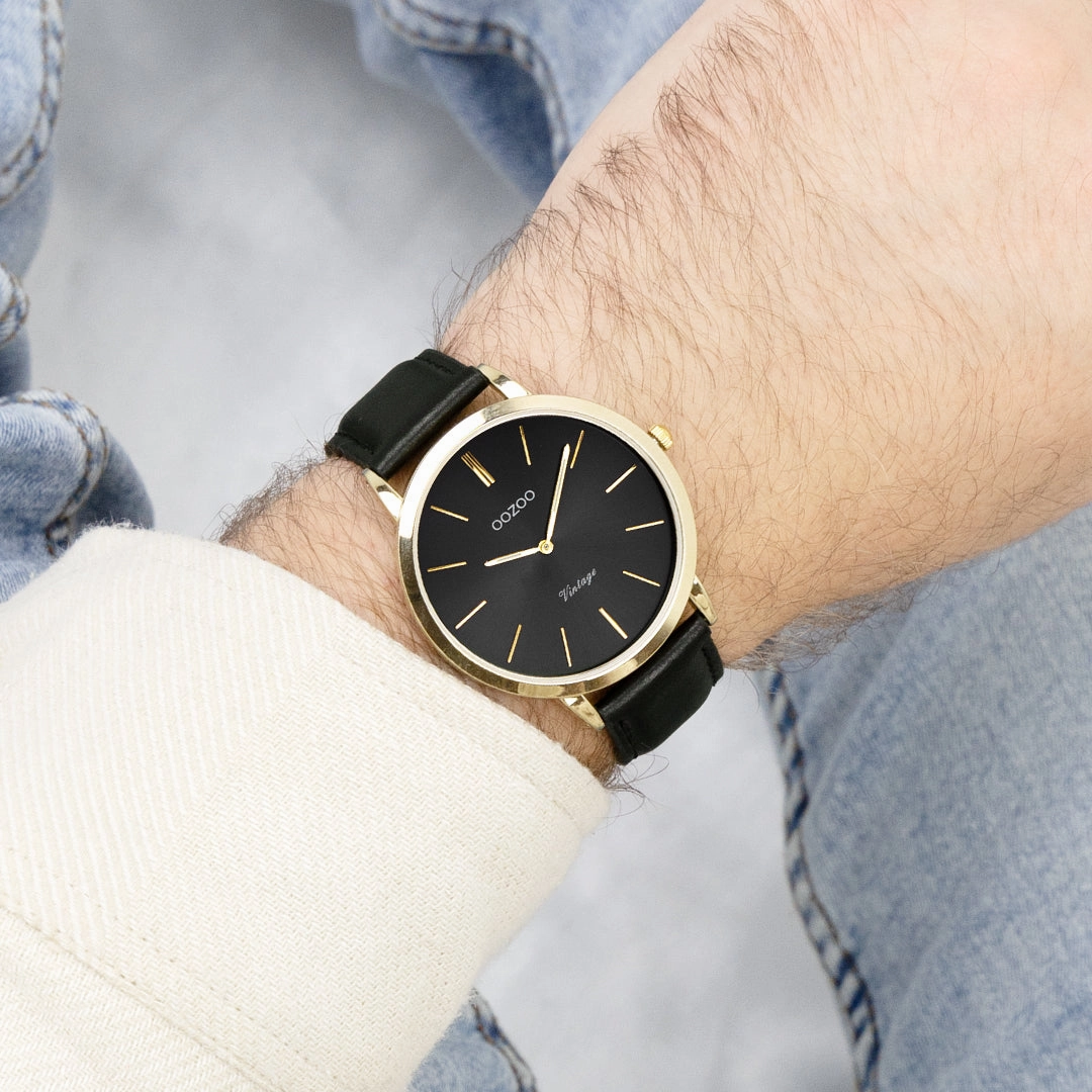 Gold coloured OOZOO watch with black leather strap - C20389