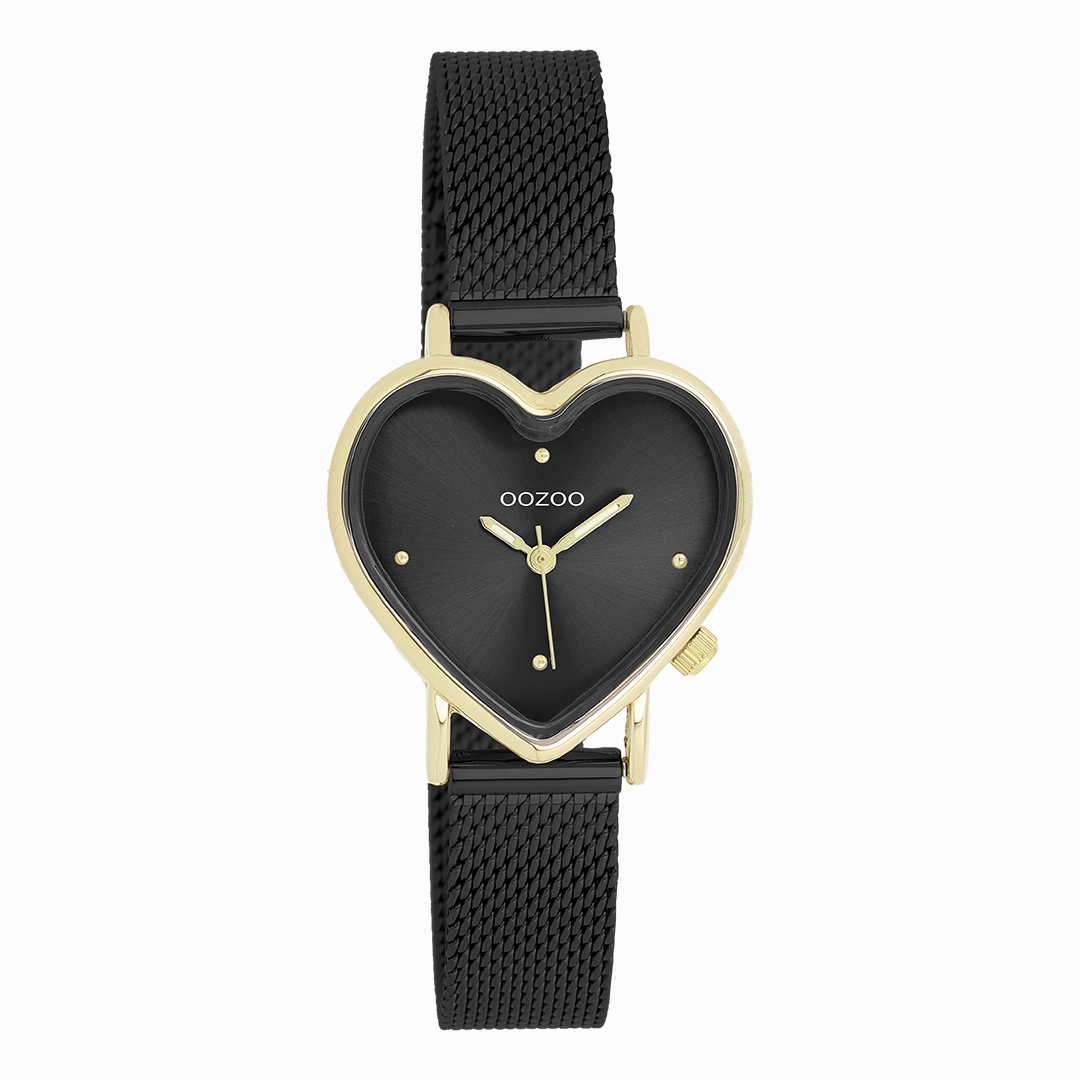 Gold coloured OOZOO watch with black metal mesh bracelet - C11447