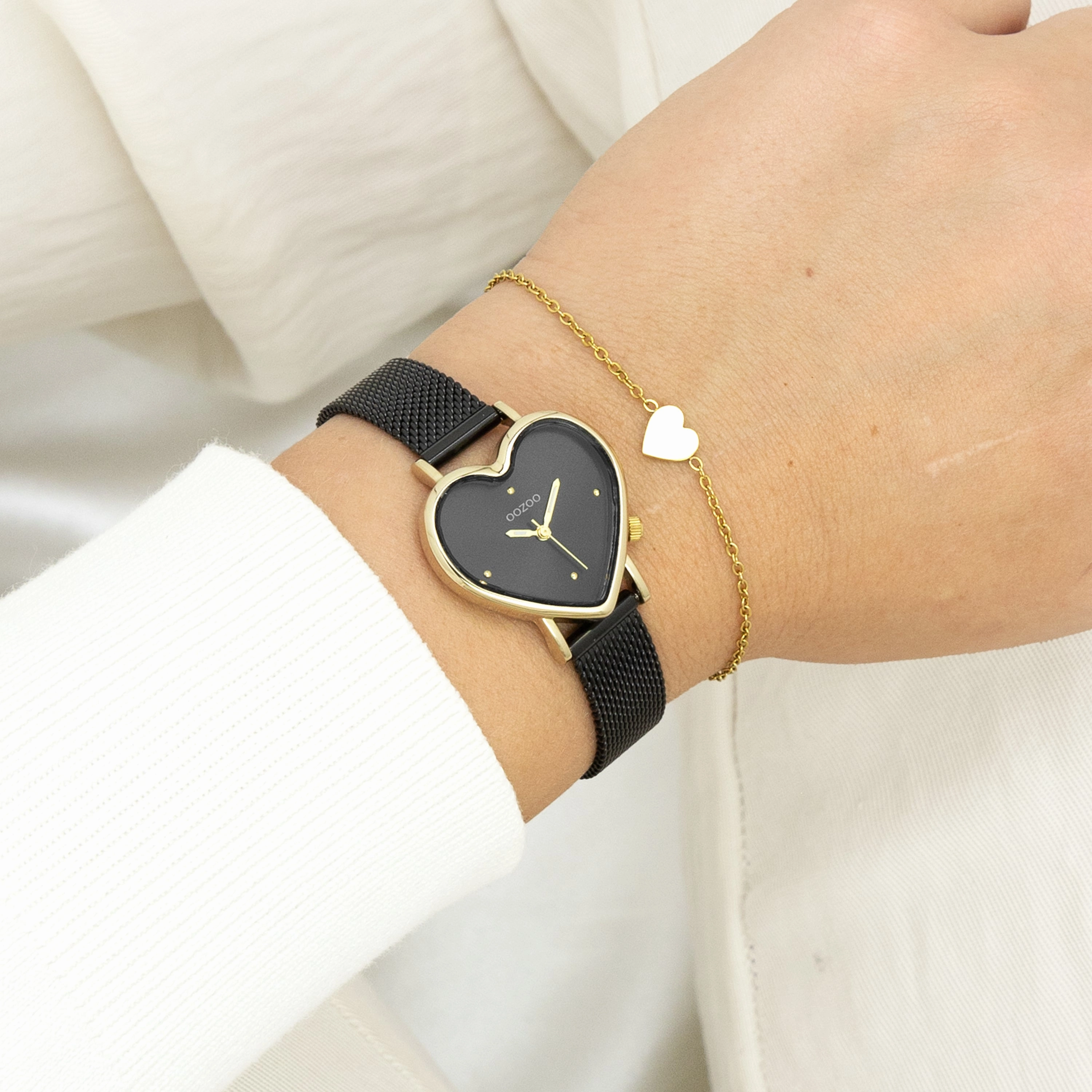 Gold coloured OOZOO watch with black metal mesh bracelet - C11447