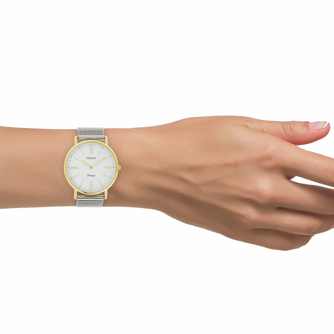 Gold coloured OOZOO watch with silver coloured metal mesh bracelet - C20118