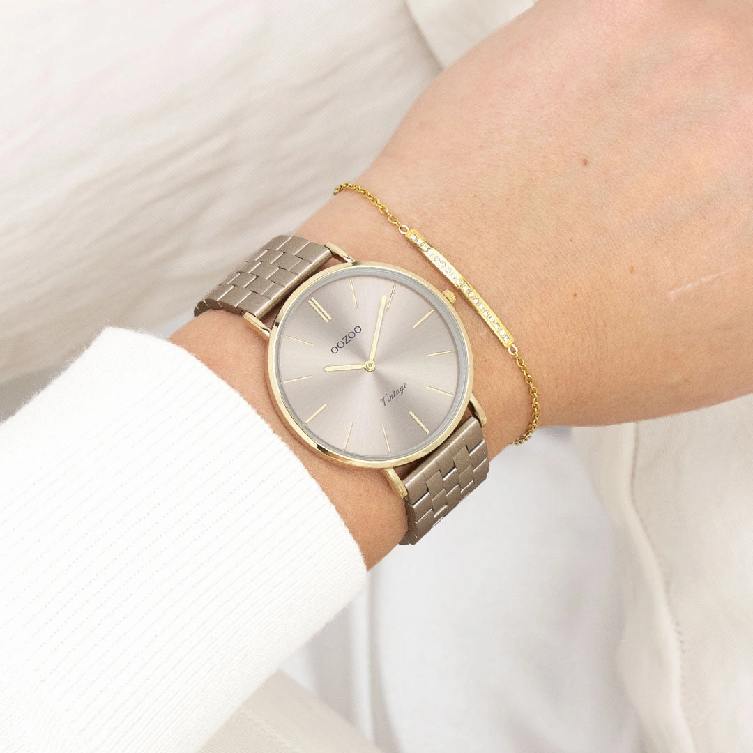 Gold coloured OOZOO watch with taupe stainless steel bracelet - C20404