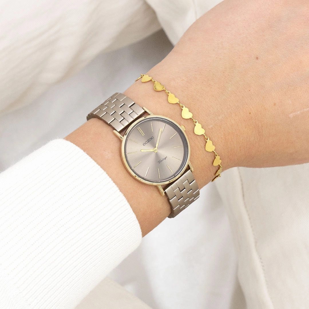 Gold coloured OOZOO watch with taupe stainless steel bracelet - C20409