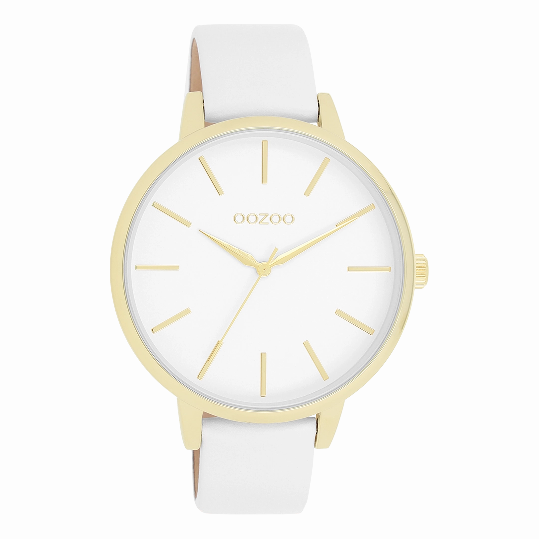 Gold coloured OOZOO watch with white leather strap - C11359