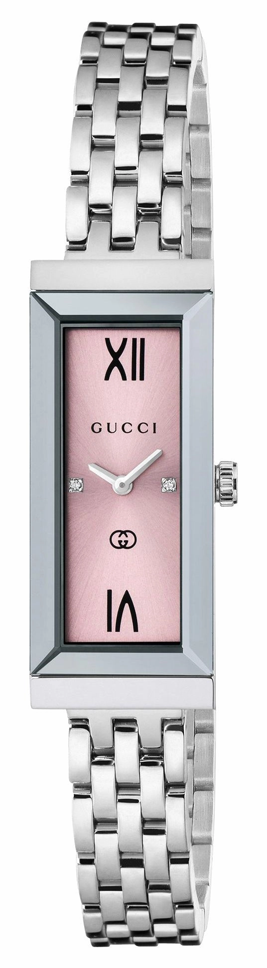 Gucci G-Frame Stainless Steel Pink Dial Diamonds Rectangle Quartz Womens Watch YA127516