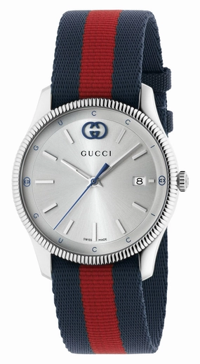 Gucci G-Timeless Stainless Steel Silver Dial Blue/Red Nylon Strap Date Quartz Unisex Watch YA1264237