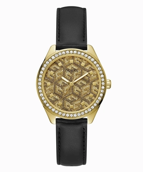 Guess G Gloss Gold Dial Black Leather Strap Watch GW0608L2