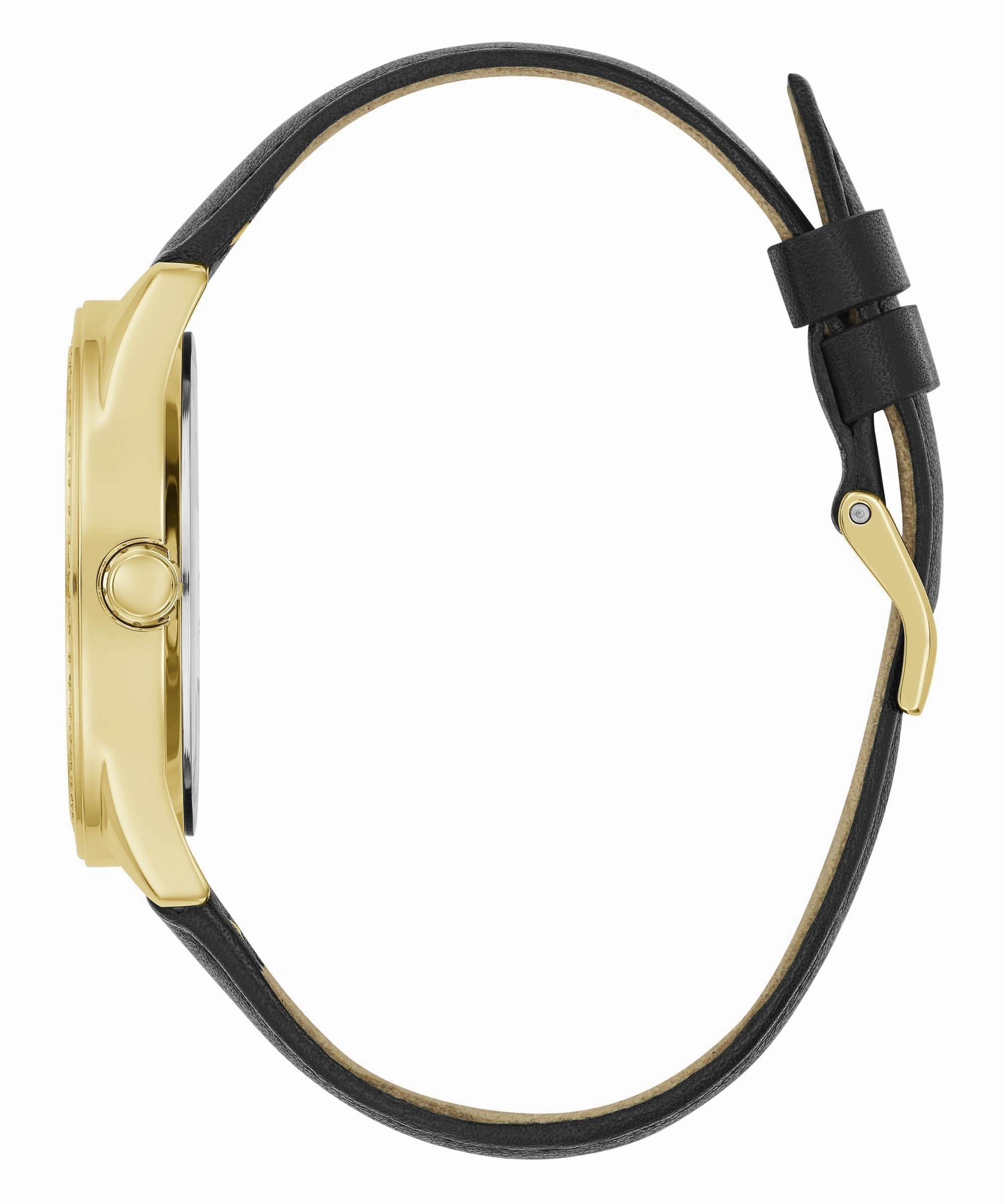 Guess G Gloss Gold Dial Black Leather Strap Watch GW0608L2
