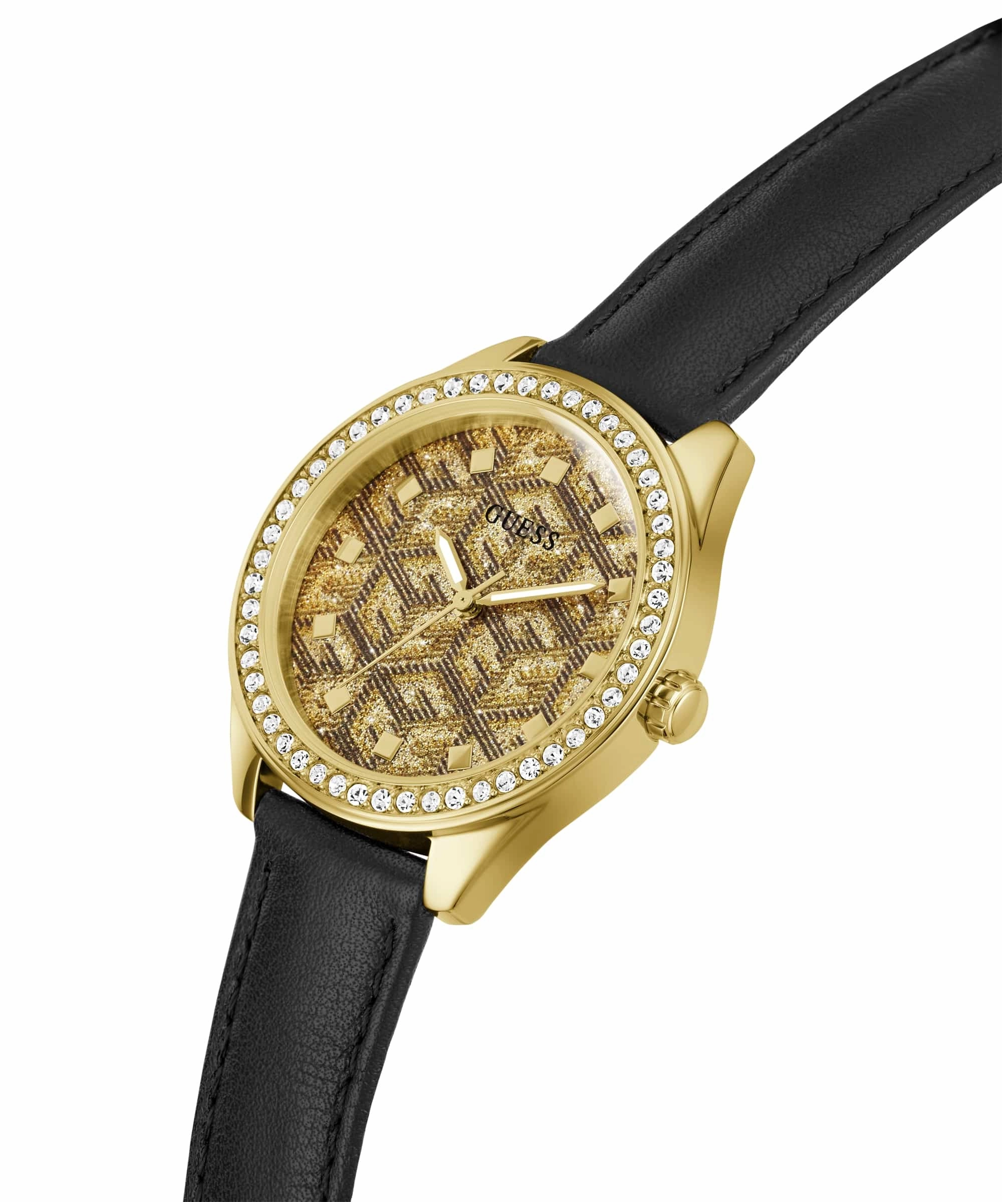 Guess G Gloss Gold Dial Black Leather Strap Watch GW0608L2