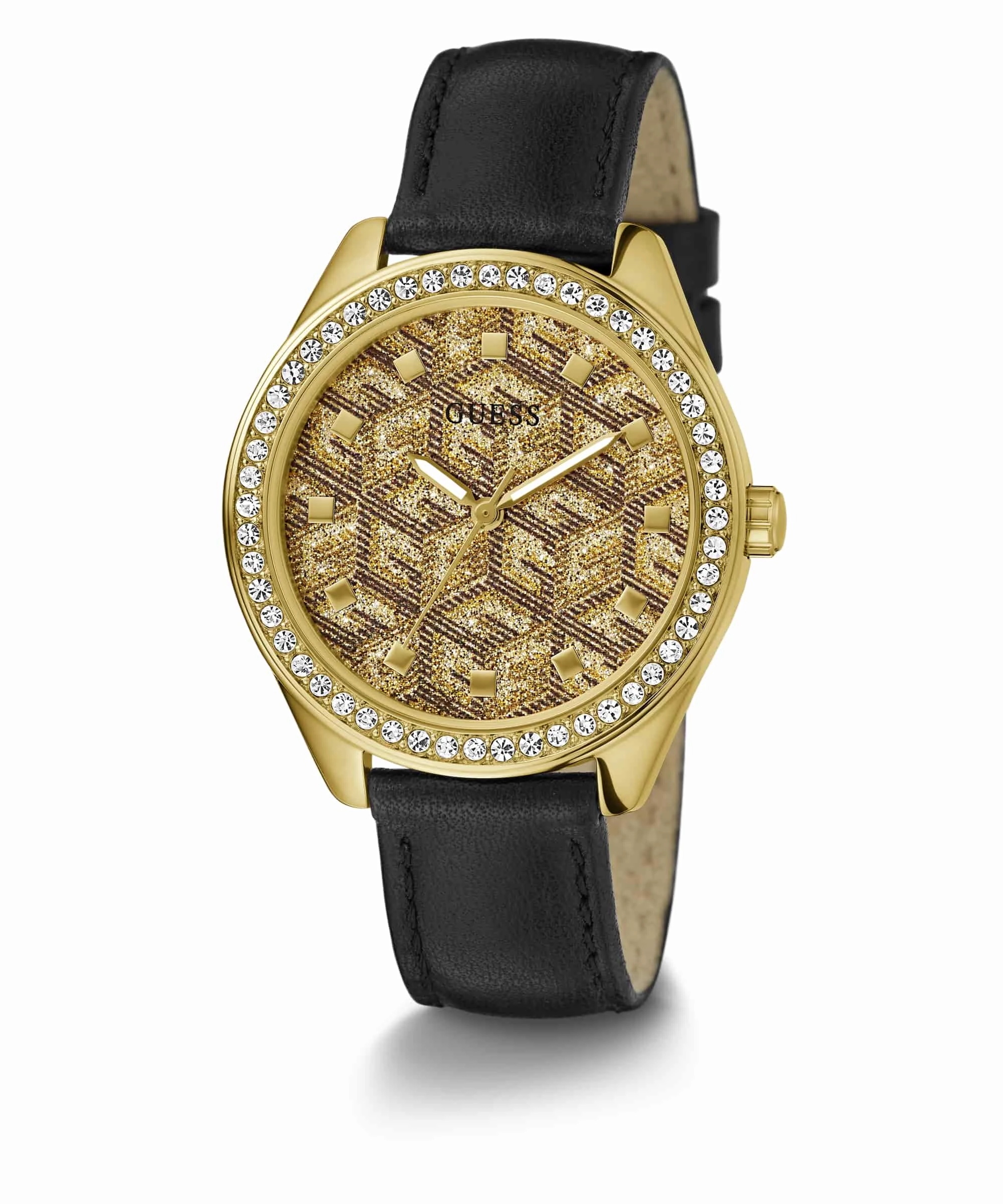 Guess G Gloss Gold Dial Black Leather Strap Watch GW0608L2