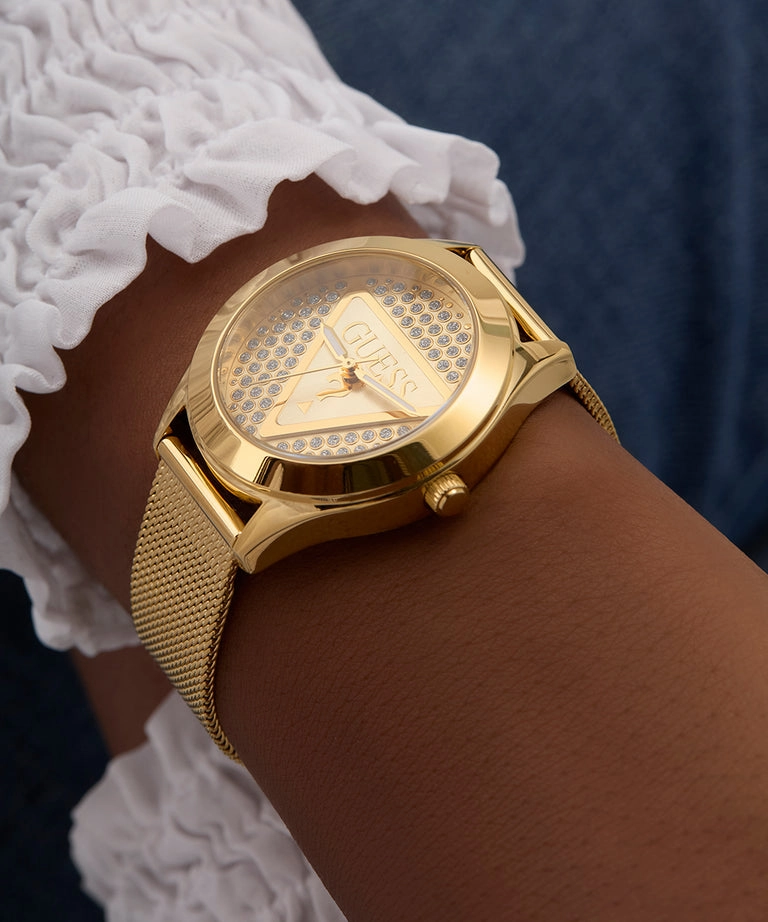 Guess Glitz Plaque Champagne Dial Gold Stainless Steel Watch GW0835L2