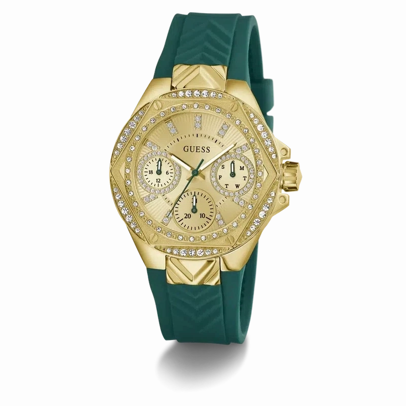 Guess Ladies Green Gold Tone Multi-function Watch