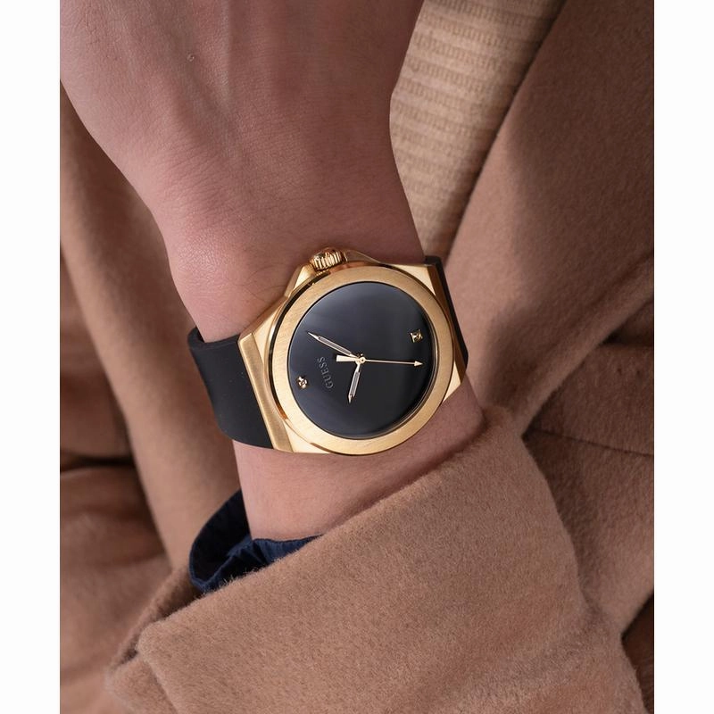 Guess Mens Black Gold Tone Analog Watch
