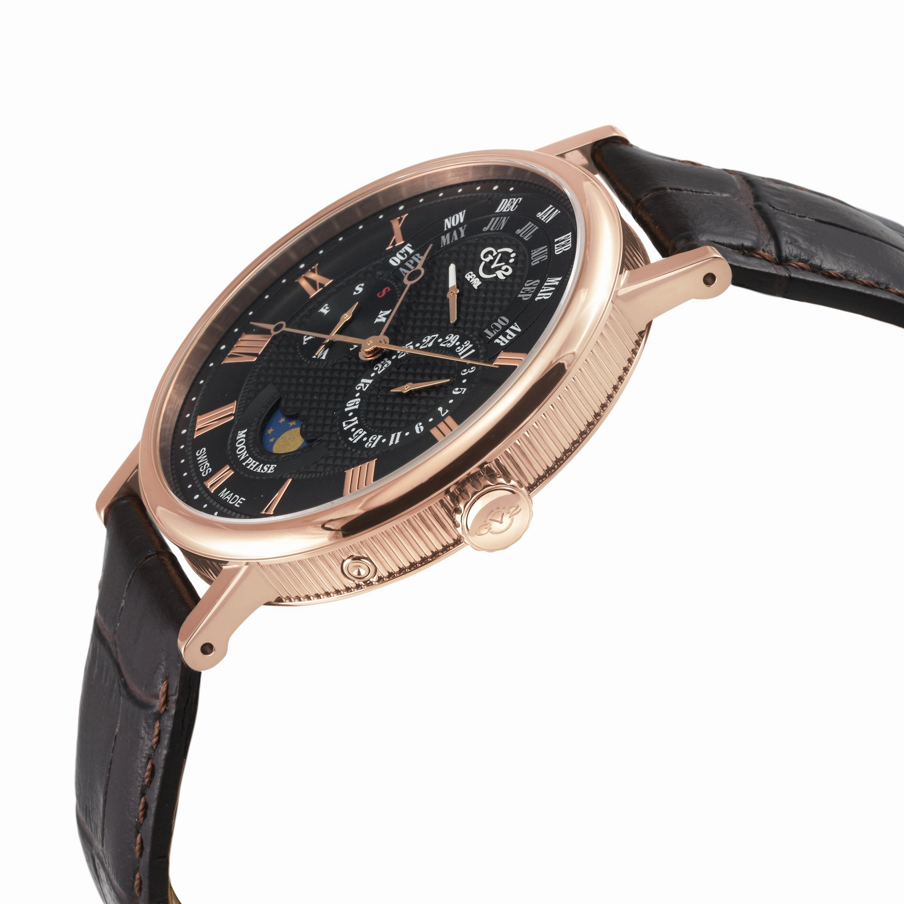 GV2 Men's Maestro IPRG Case, Black  Textured Dial, Dark Brown Handmade Italian Leather Strap.