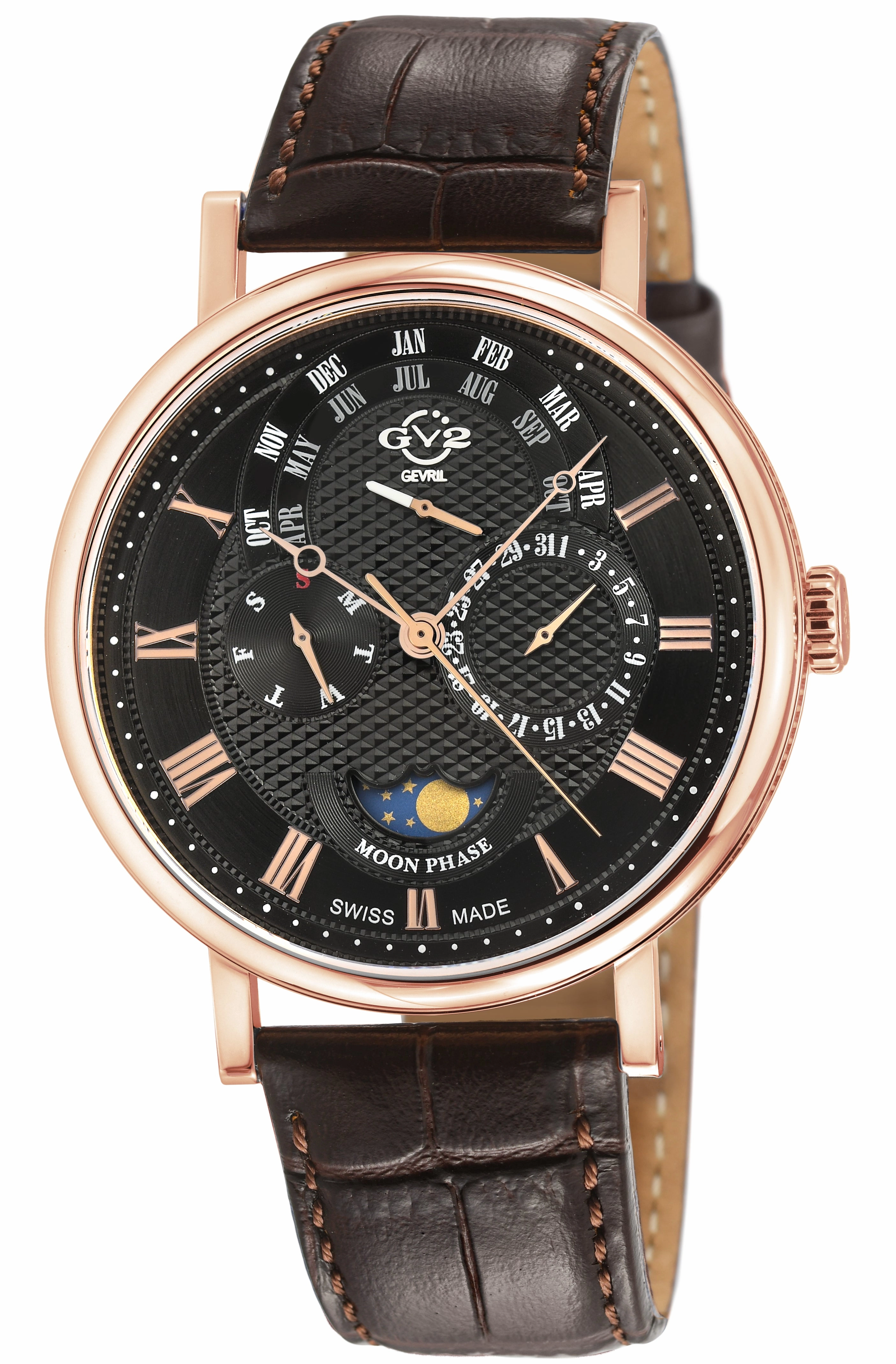 GV2 Men's Maestro IPRG Case, Black  Textured Dial, Dark Brown Handmade Italian Leather Strap.