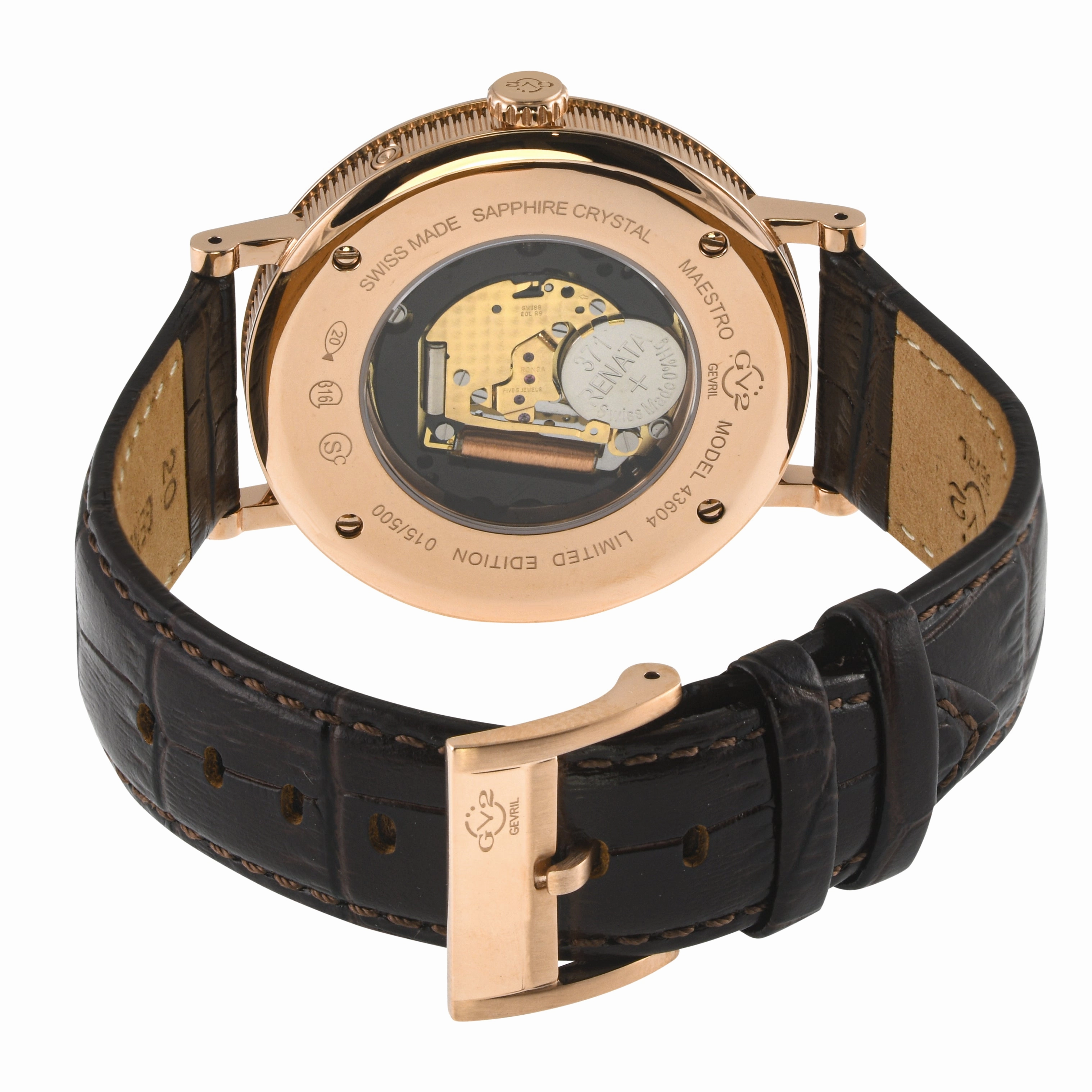 GV2 Men's Maestro IPRG Case, Black  Textured Dial, Dark Brown Handmade Italian Leather Strap.