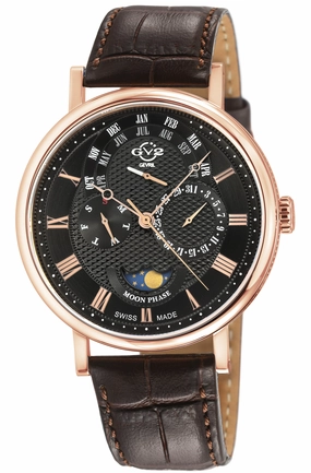 GV2 Men's Maestro IPRG Case, Black  Textured Dial, Dark Brown Handmade Italian Leather Strap.