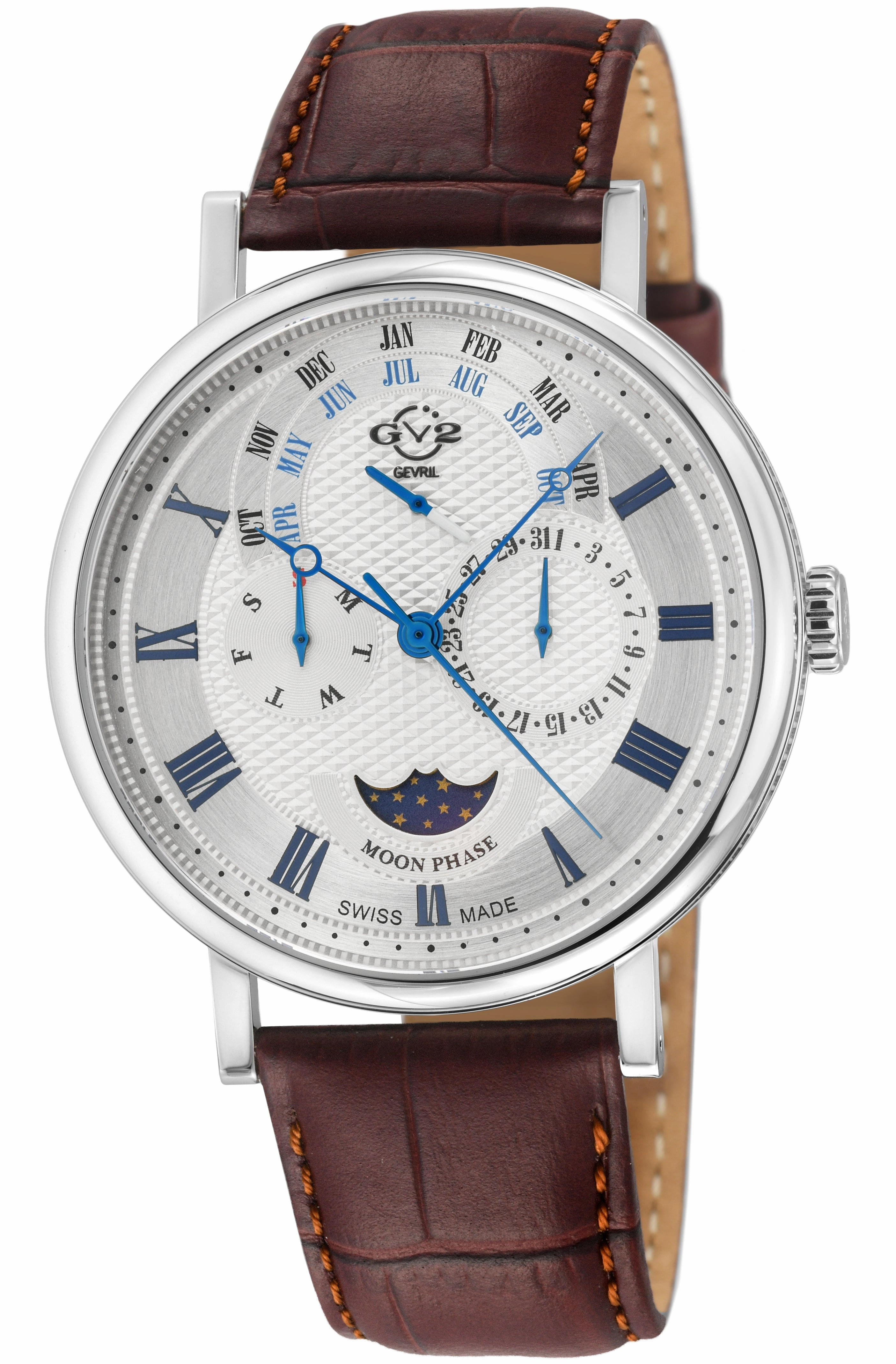 GV2 Men's Maestro SS Case, WhiteTextured Dial, Brown Handmade Italian Leather Strap.
