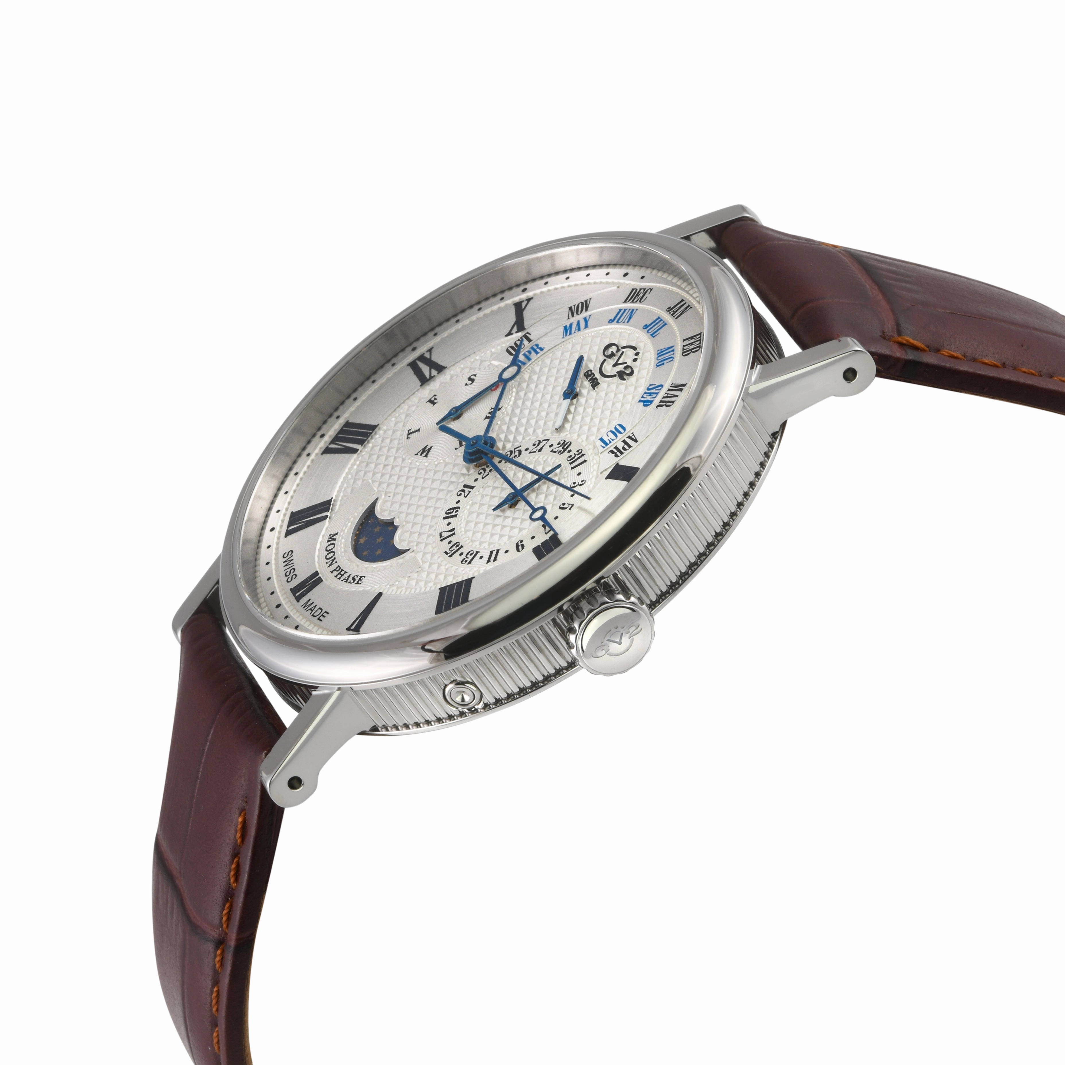 GV2 Men's Maestro SS Case, WhiteTextured Dial, Brown Handmade Italian Leather Strap.