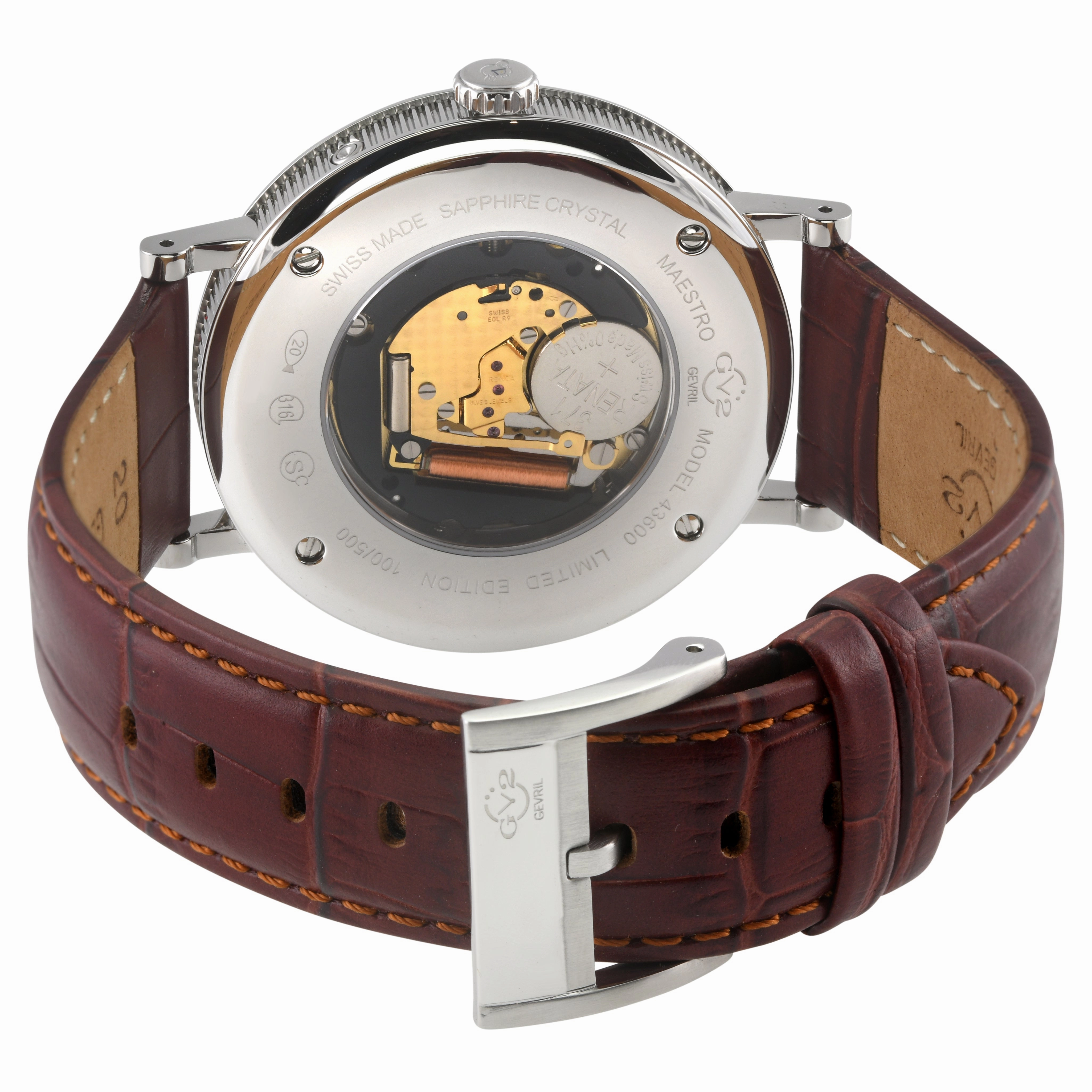 GV2 Men's Maestro SS Case, WhiteTextured Dial, Brown Handmade Italian Leather Strap.
