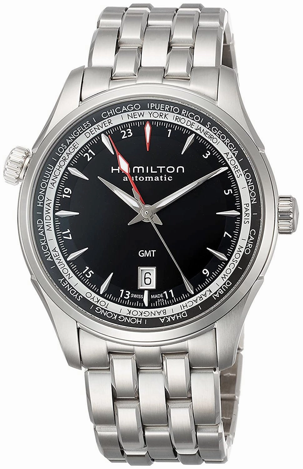 Hamilton Jazzmaster GMT Dual Time Zone World Time Automatic Steel Black Dial Date Mens Watch H32695131
