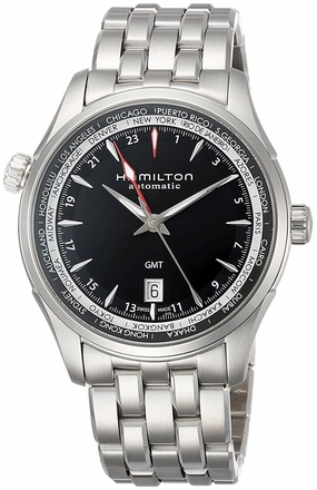 Hamilton Jazzmaster GMT Dual Time Zone World Time Automatic Steel Black Dial Date Mens Watch H32695131