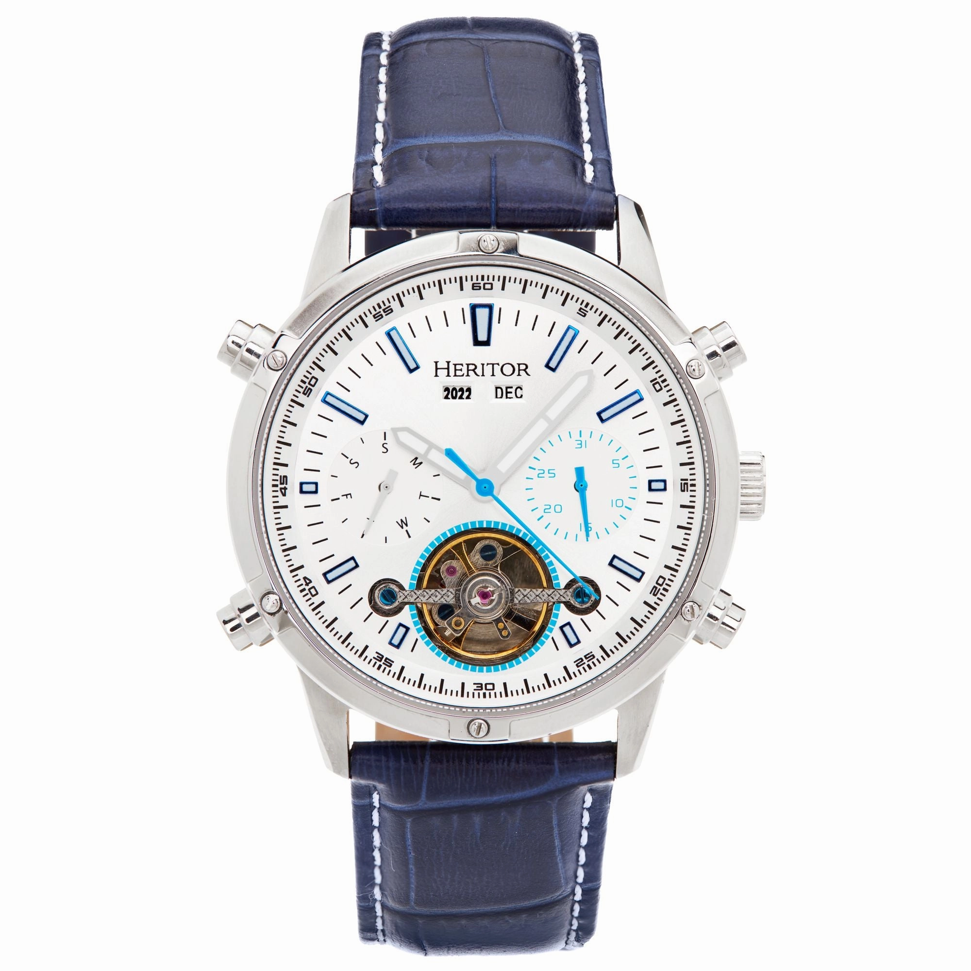Heritor Automatic Wilhelm Semi-Skeleton Leather-Band Watch w/Day/Date - Black/Silver