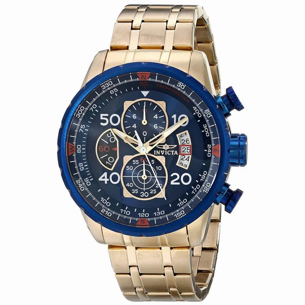 Invicta 19173 Men's Yellow Steel Bracelet Quartz Aviator Chrono Blue Dial Compass Watch