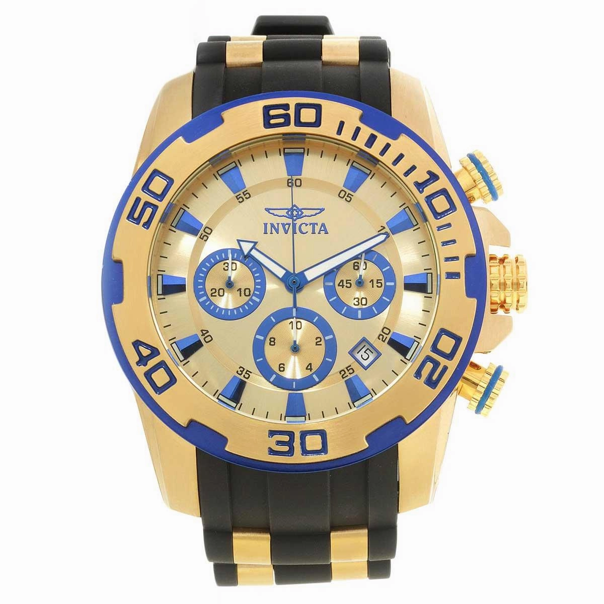 Invicta 22308 Men's Pro Diver Chronograph Gold Dial Yellow Gold Steel & Silicone Strap Watch