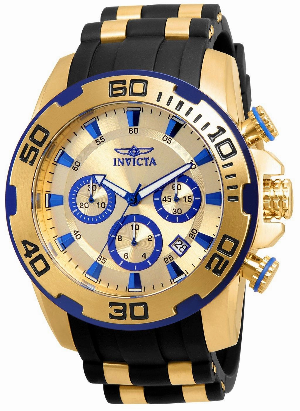 Invicta 22308 Men's Pro Diver Chronograph Gold Dial Yellow Gold Steel & Silicone Strap Watch